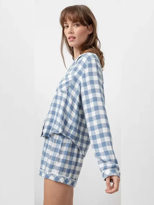 women long sleeve buffalo check flannel pajama shorts