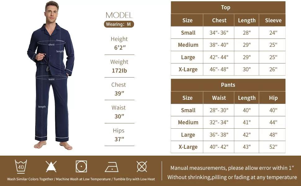 Синий трикотаж с длинными рукавами длинные брюки мужские пижамы набор размер диаграмма