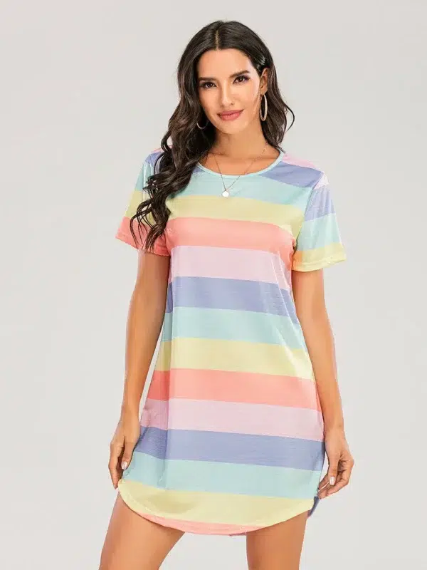 Short Sleeve Rainbow Stripe Loose T Shirt Pajama Dress Plus Size