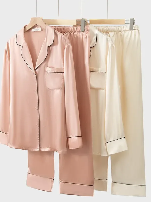 pink and white 100%silk pajamas set for women 2 pcs set