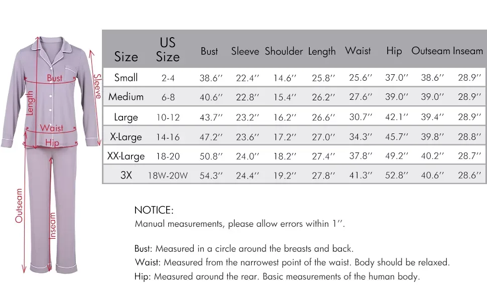 Women's pajama size online chart