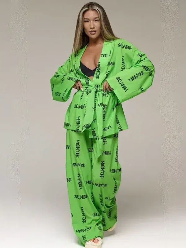 Green letters print silk satin womens robe with pants