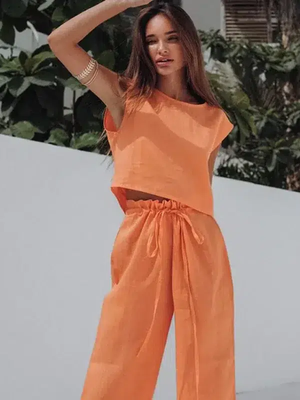 Orange sleeveless linen set petite loungewear