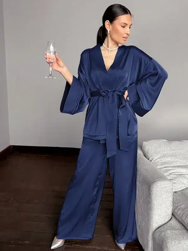 Royal blue long sleeve kimono for women with pants