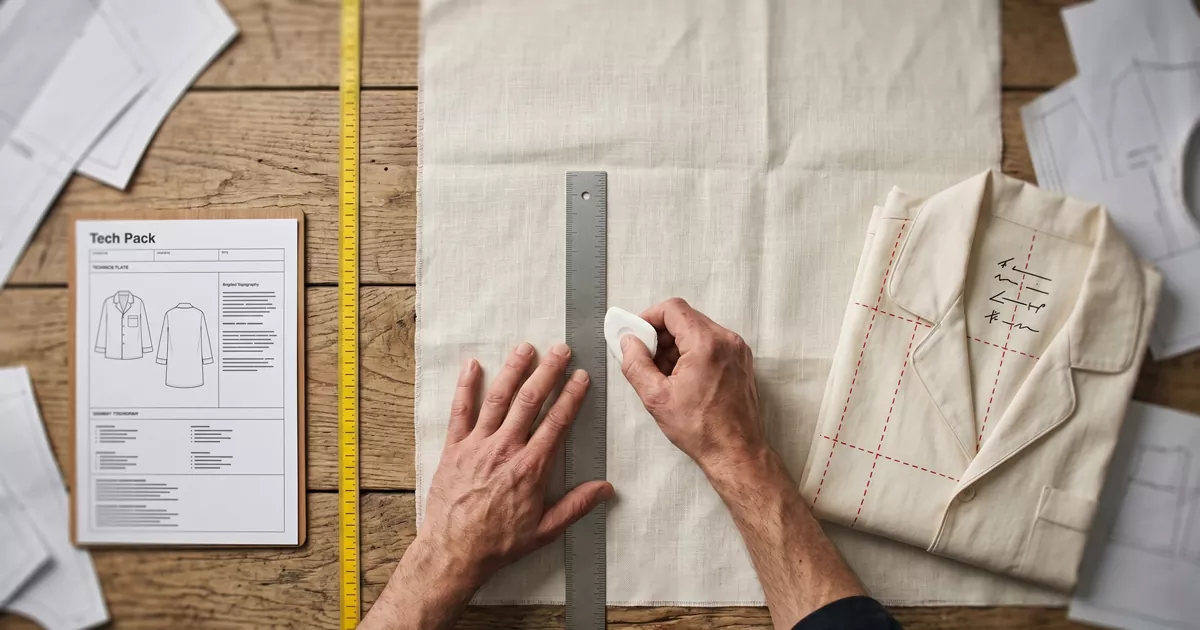 Image de présentation de l'approvisionnement en vêtements professionnels montrant l'analyse spectrale des tissus et la validation des modèles techniques par les experts de PJGarment