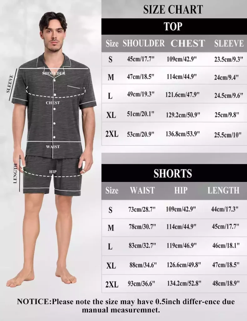 Guia de tamanhos para o conjunto de pijama para homem
