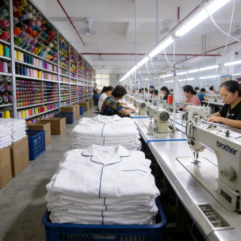Pajama manufacturing factory floor with JUKI sewing machines