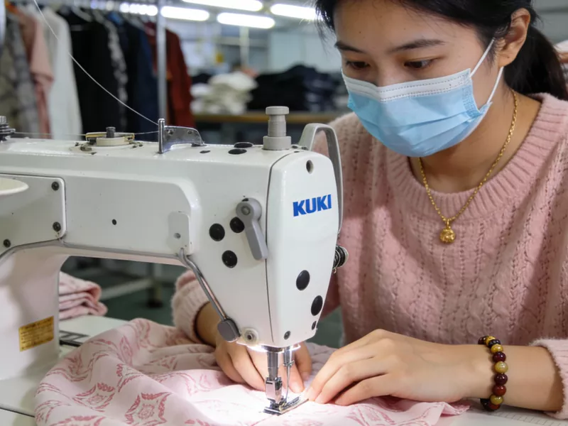 Dans une salle d'échantillonnage dédiée, un échantillonneur qualifié coud méticuleusement un prototype de vêtement de nuit imprimé sur mesure, en veillant à ce que la coupe et le drapé soient très précis, en vue de l'approbation de la préproduction.