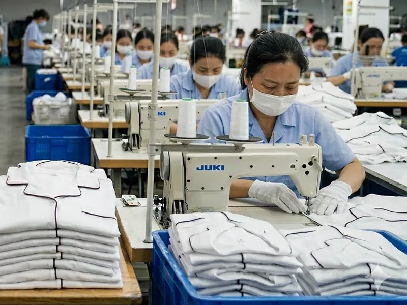 Ligne de production en vrac hautement organisée pour les vêtements de nuit haut de gamme, avec des couturières qualifiées et des ensembles de pyjamas parfaitement empilés pour garantir une cohérence absolue.