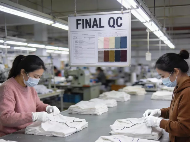 Des inspecteurs professionnels du contrôle de la qualité portant des gants blancs effectuent des inspections visuelles strictes de niveau de qualité 2,5 et plient des vêtements de nuit de première qualité à un poste de contrôle final dédié.