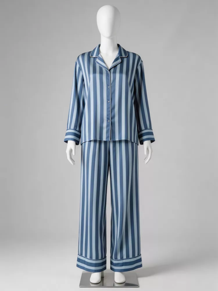 Classic blue and white vertical striped long sleeve button-down pajama set, factory direct
