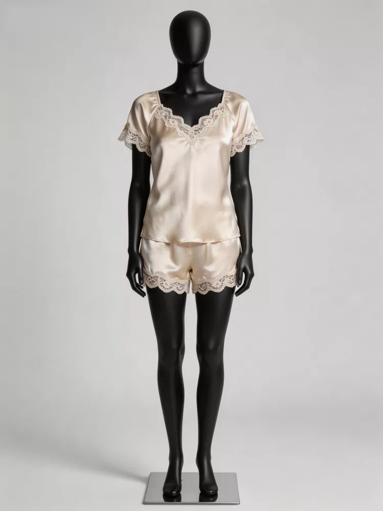 Wholesale champagne satin camisole and shorts sleepwear set with scalloped lace trim, OEM manufacturing