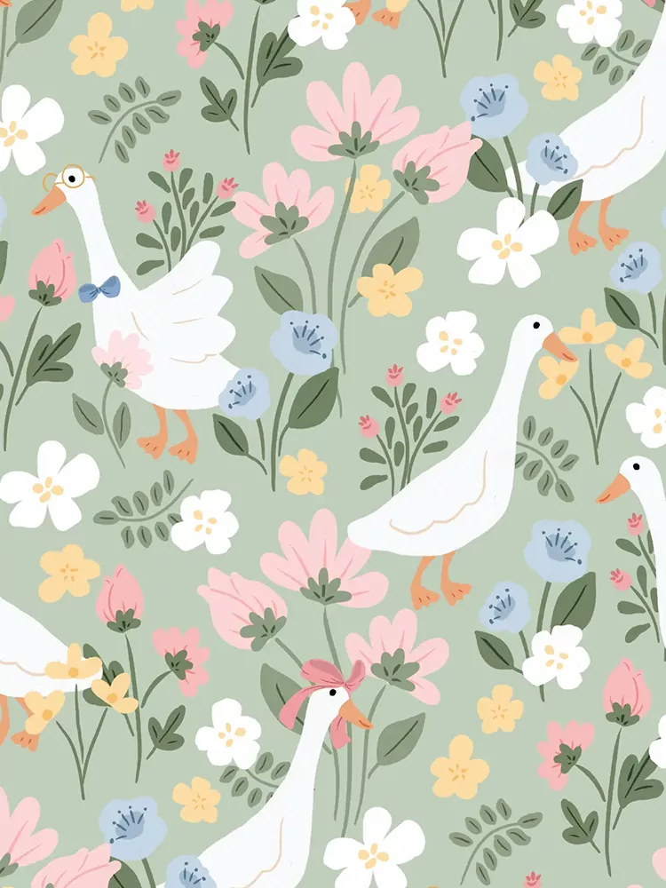 Custom floral and goose printed fabric pattern design for baby onesie manufacturing