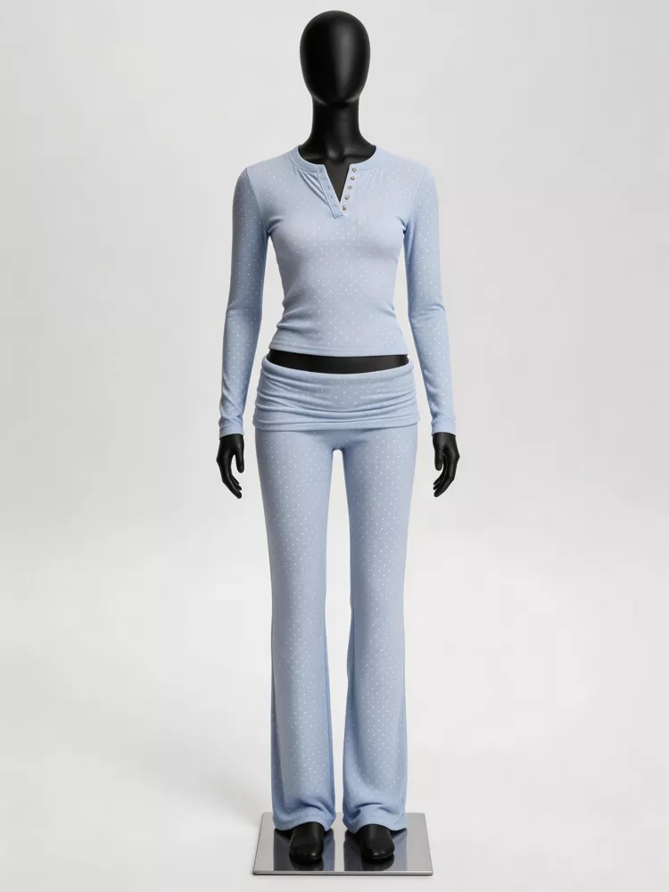 Light blue ribbed long sleeve henley top and fold-over flared pants lounge set
