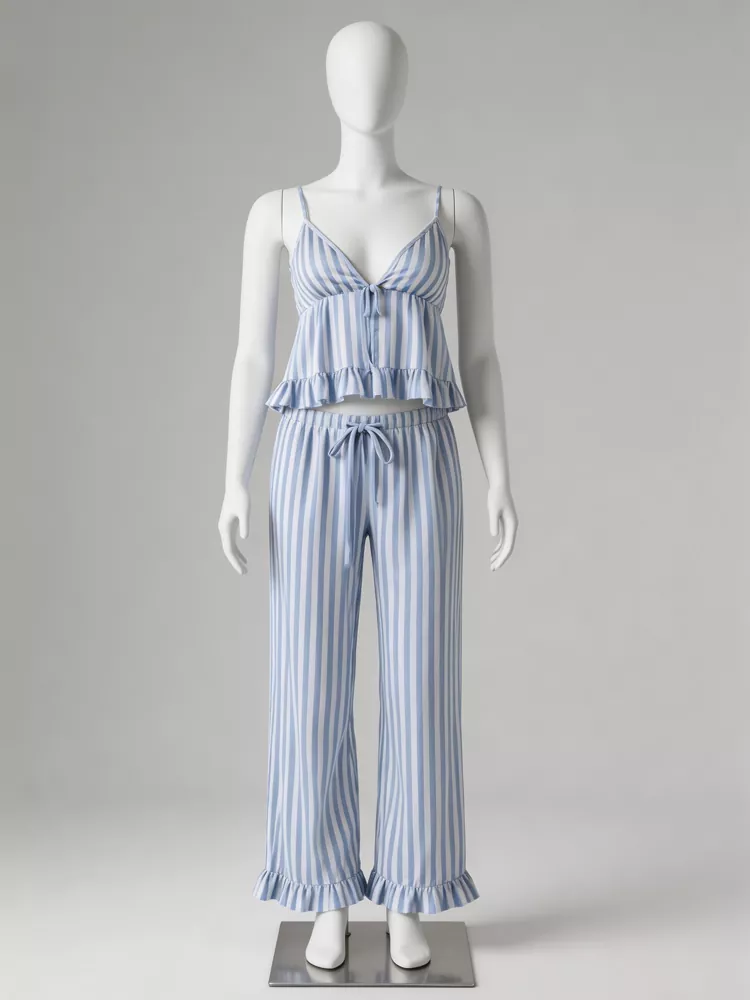 Light blue striped camisole and wide-leg pants lounge set with playful ruffle hem