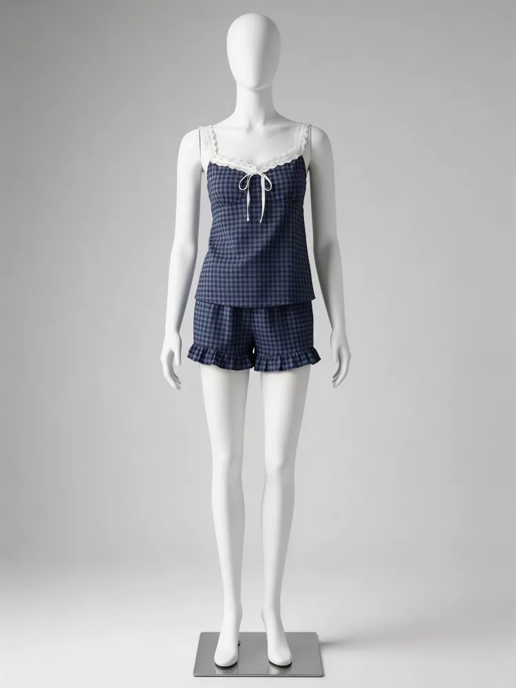 Navy blue gingham plaid cami and shorts set with white lace trim and center bow