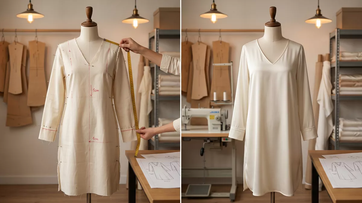 Professional side-by-side comparison of the garment manufacturing process. The left image shows a technical muslin mock-up on a dress form with red marker annotations, pins, and manual measurements for pattern validation. The right image shows the finalized premium silk sample.