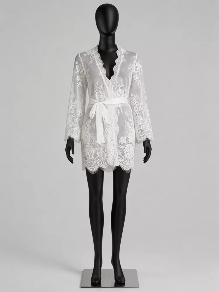 White sheer floral lace bridal robe with tie belt, custom sleepwear factory