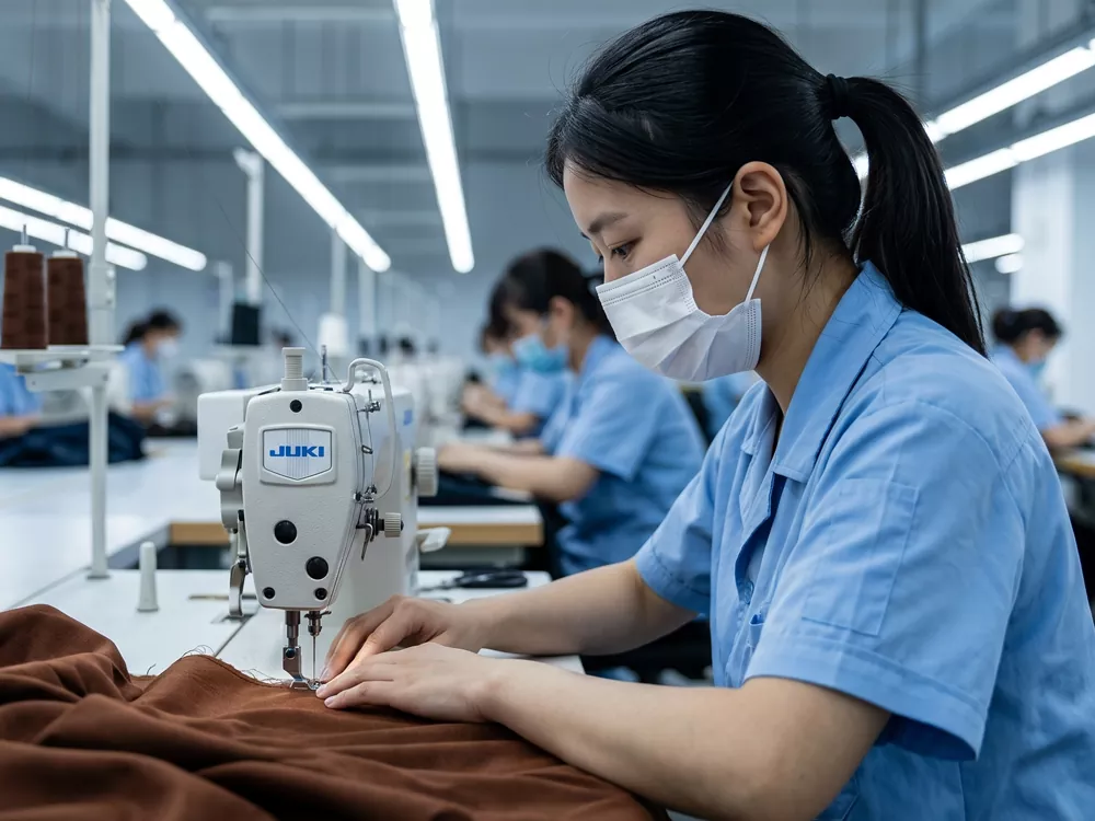 Skilled worker sewing custom bamboo pajamas on the production line at PJGarment OEM factory