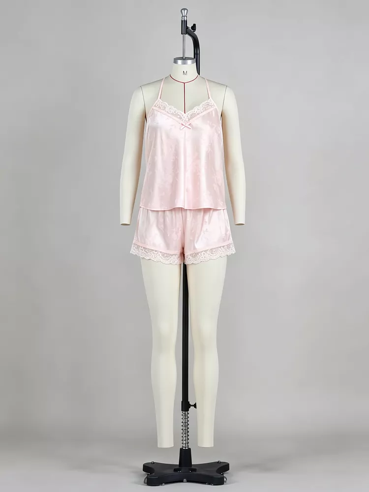 Pink printed and embroidered silk pajama short set manufactured by PJGarment