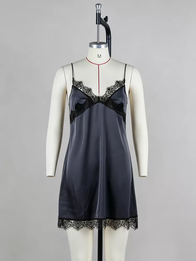 Black silk nightgowns and chemises with lace detailing produced by PJGarment factory