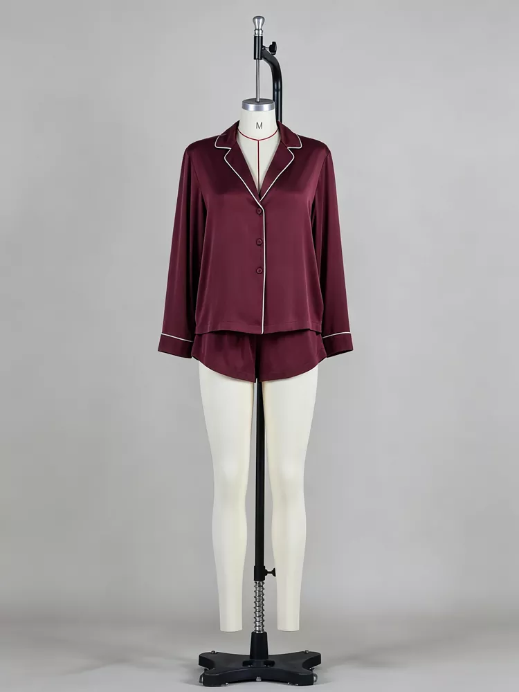 Burgundy silk pajama set in short-sleeve style manufactured at PJGarment factory