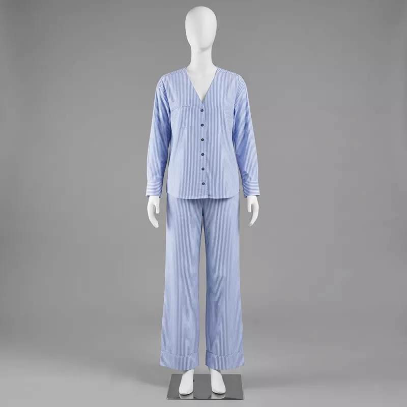 Custom women's woven cotton poplin striped pajama set manufactured by OEM sleepwear factory.