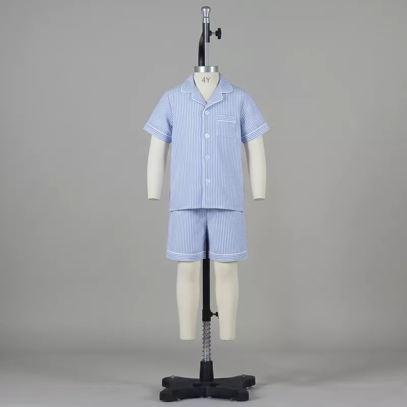 OEM kids and baby blue striped sleepwear set produced by certified pajama vendor.