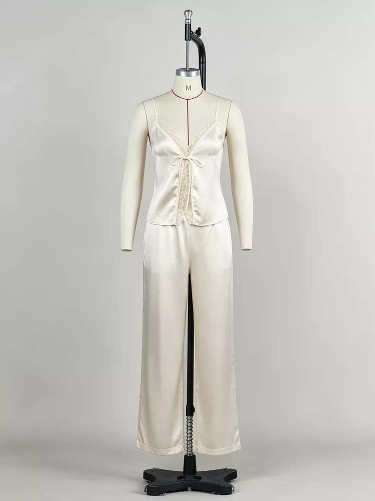 Champagne silk loungewear sets with lace trim manufactured by PJGarment