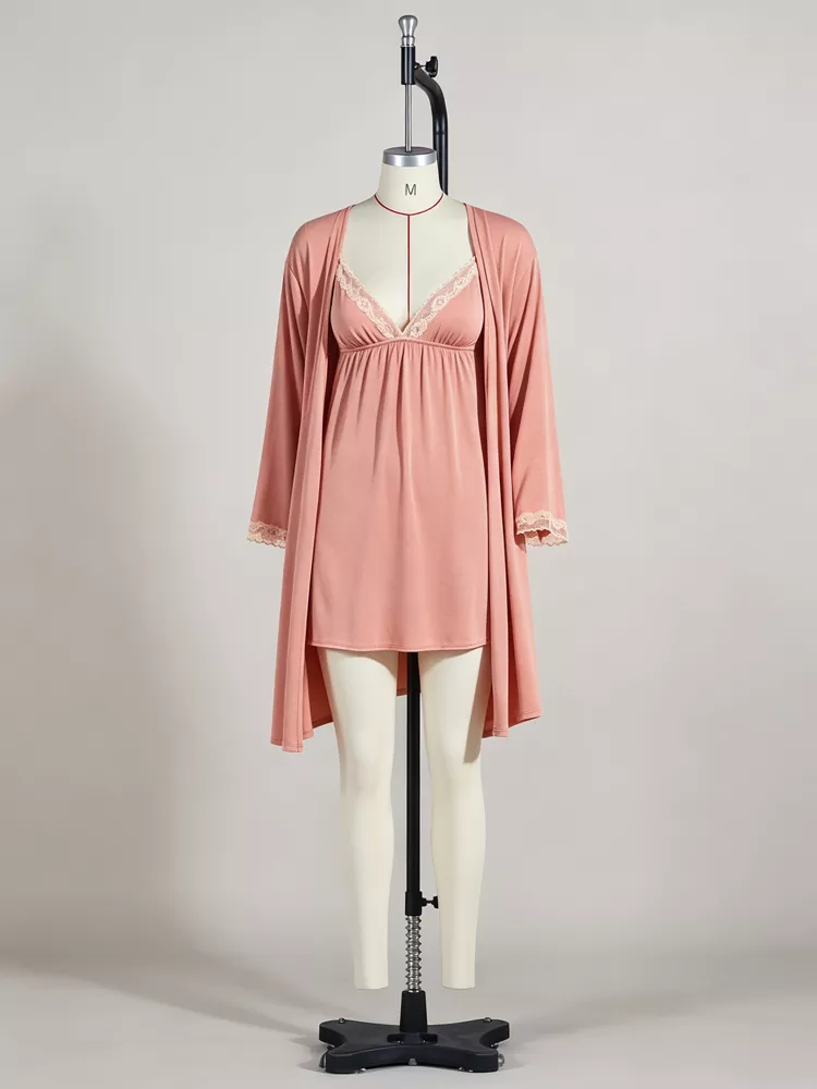 Pink 3-piece sleepwear set featuring a lace-trim camisole and matching knee-length robe - PJGarment OEM sample.