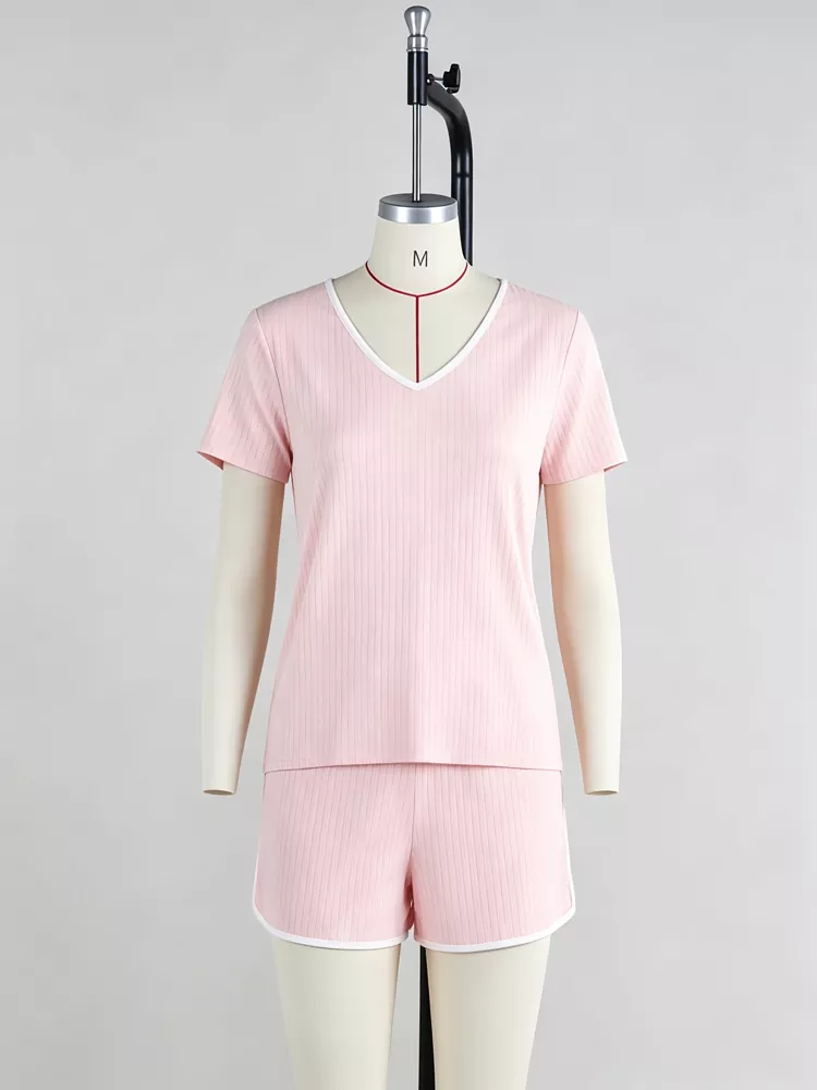 Pink ribbed short sleeve top and matching shorts loungewear set at PJGarment OEM factory.