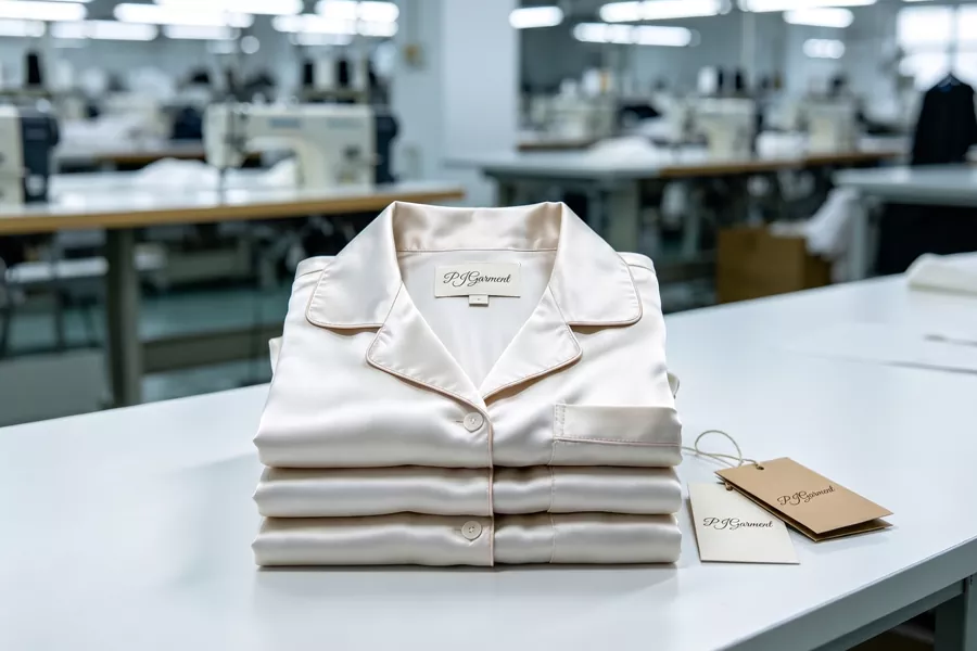 QC inspection of private label pajamas with custom woven labels at PJGarment BSCI-certified factory