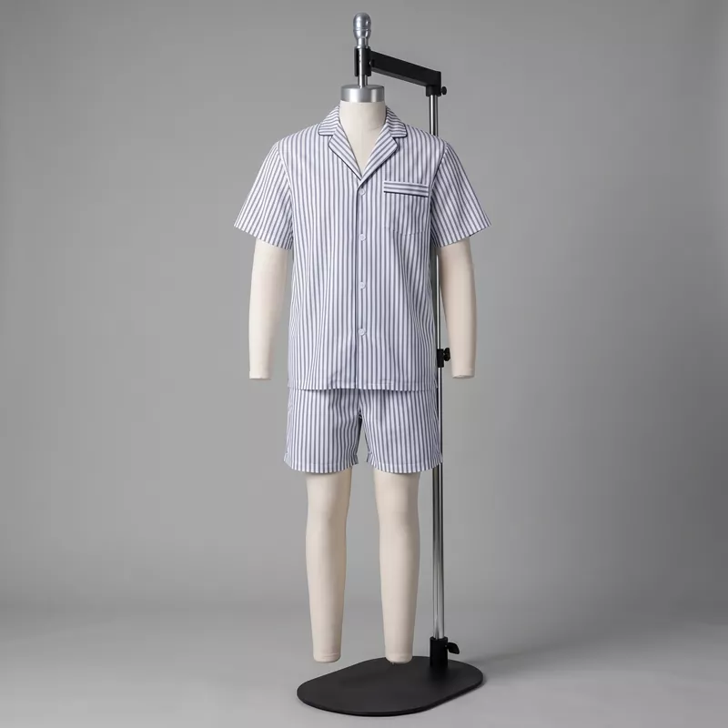 Wholesale men's short-sleeved striped pajama set produced by custom sleepwear supplier.
